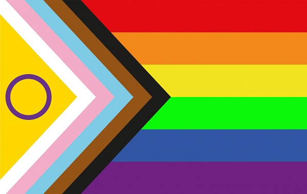 This is an image of the Intersex Inclusive Pride Flag. In addition to the six rainbow stripes, the flag has black, brown, blue, pink and white stripes with a circle. 